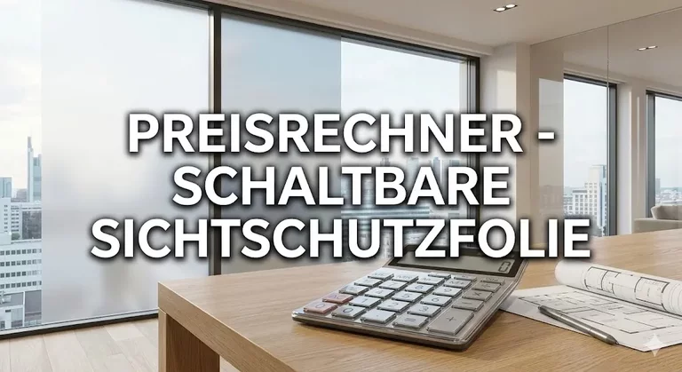Preisrechner für schaltbare Sichtschutzfolie von B-Smartfoils – Modernes Büro mit smarter Fensterfolie, Taschenrechner und Projektplanung.